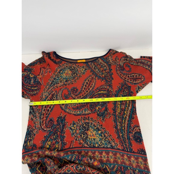 Ruby Rd Womens Paisley Knit Tunic Top Orange Teal Fringe Hem 3/4 Sleeve Sz S - Picture 5 of 10